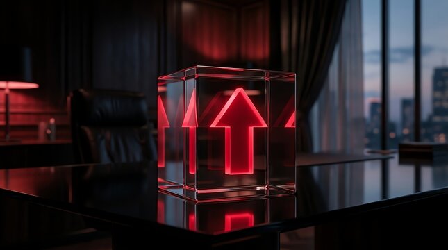 Glowing red arrow sign on a glass cube in a dark modern office setting at night