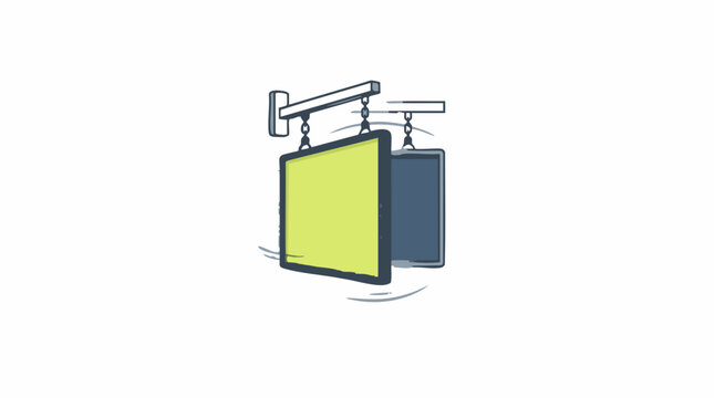 Hand drawn illustration of two blank square signs hanging from a metal bracket on a white background Isolated on white background