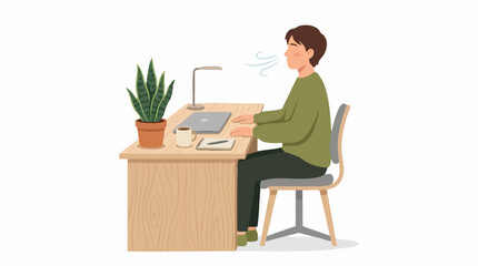 Fototapeta premium Person sitting at a desk taking a deep breath and exhaling with a calm expression, symbolizing relaxation and mindfulness Isolated on white background