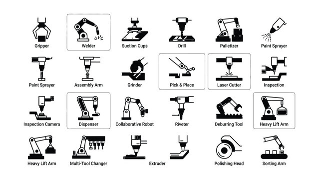 Various industrial robotic arms and automated machinery tools icons with transparent backgrounds