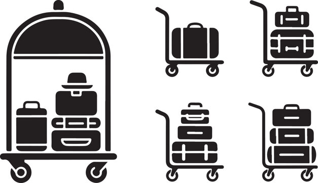 Luggage Carts Silhouette Icons Black And White Vector Illustration Set