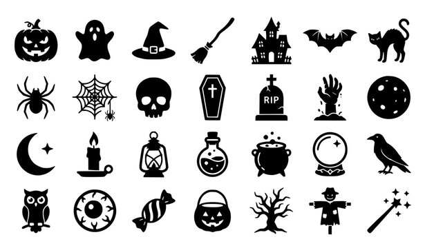 Minimal Halloween black silhouette vector icon set featuring ghosts pumpkins witches bats skulls and spooky seasonal objects isolated on white background