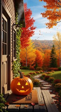 Autumn pumpkin on rustic wooden porch with fall foliage.