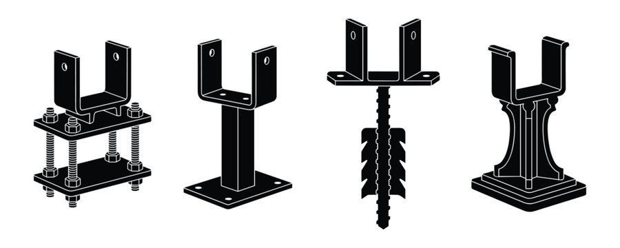 Metal post anchors for fence or deck, various styles for secure ground mounting.