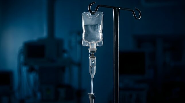 Intravenous drip bag hanging on a stand in a dark hospital room