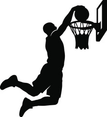 Black silhouette of a professional basketball player dunking a ball isolated on white background © MstMahurun