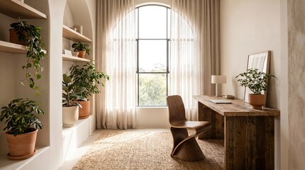 Fototapeta premium Minimalist home office with wooden desk and sunlit arched window