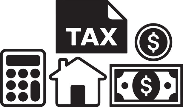 Tax document coin calculator and house icon set on white background