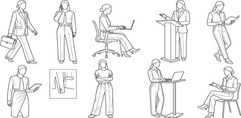 Obraz premium Art & IllustrationSet of Professional Businesswomen Outline Illustrations in Various Office and Corporate Working Poses