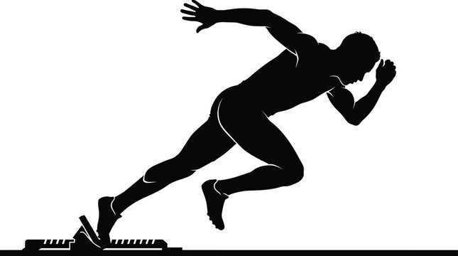 Male sprinter silhouette accelerating from starting blocks isolated on white background track vector graphic illustration