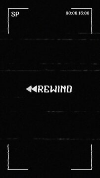 VHS vertical rewind glitch effect retro tape static overlay. Realistic analog tape distortion, horizontal scanlines, tracking static noise, and a simulated home video playback interface