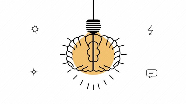 Brain inside glowing light bulb representing intelligence in minimalist line art style for creative thinking animation