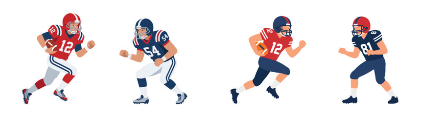 Fototapeta premium Professional American Football Players in Dynamic Action Poses Wearing Team Uniforms for Sports Graphics