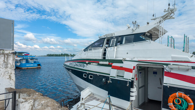 Kazan, Russia - June 13, 2026: Musa Jalil is the newest high-speed passenger hydrofoil ship of Project 03830 (Meteor-2020 type) docked at Kazan port. A ship is designed for quick travel across water.