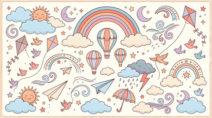 Fototapeta premium Vintage pastel sky elements set, hand drawn rainbow and cloud doodles, retro nursery weather icons, whimsical hot air balloon and kite vector