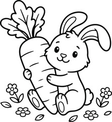 Fototapeta premium Cute little bunny rabbit holding a large fresh carrot in a garden with small flowers for children coloring page book illustration