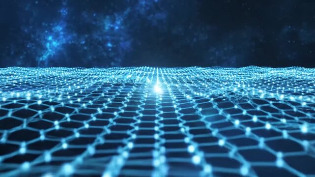 Abstract visualization of a glowing hexagonal lattice structure, representing a digital network or scientific concept against a cosmic background.