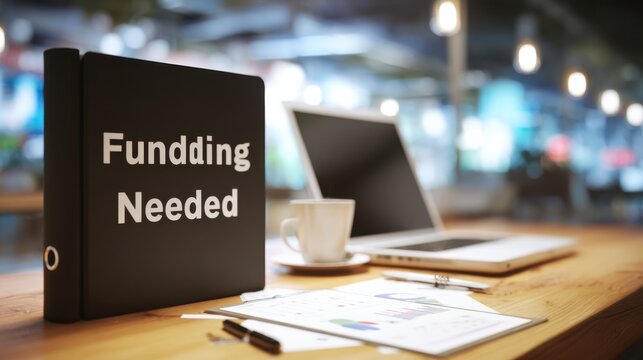 Black ring binder folder with misspelled funding needed text on wooden office desk table.