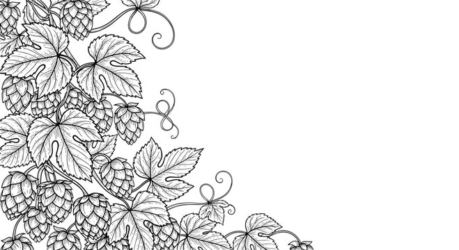 Hand drawn hops branch frame with detailed retro sketch of cones and leaves on a clean white background for design.