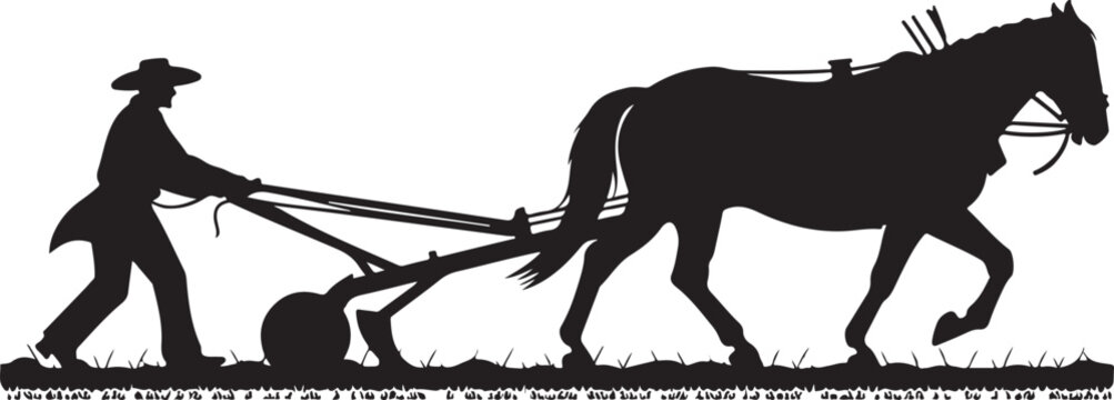 Farmer plowing a field with a horse and plow silhouette vector illustration