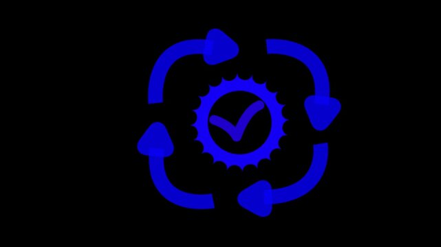 Checkmark rendered in brilliant blue set within a geometric gear shape and encircled by rotating arrows signifies technical accuracy and the systematic refinement of digital processes for performance.