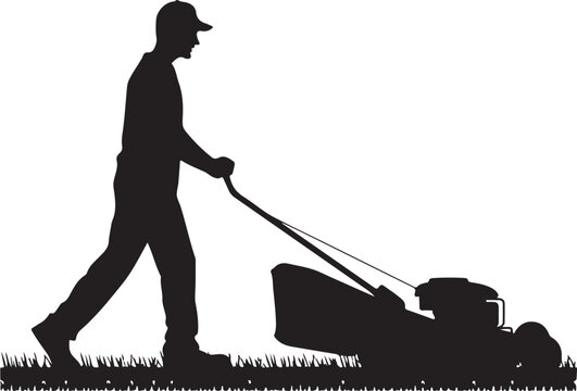 Silhouette of a man pushing a lawnmower on grass white background