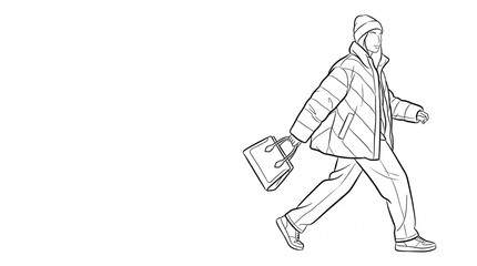 Obraz premium Man walking with briefcase in quilted jacket and beanie in winter 