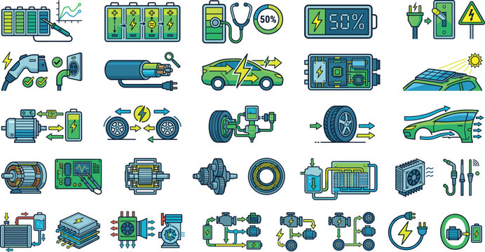 Electric vehicle engineering and hybrid car component flat vector illustration icon set