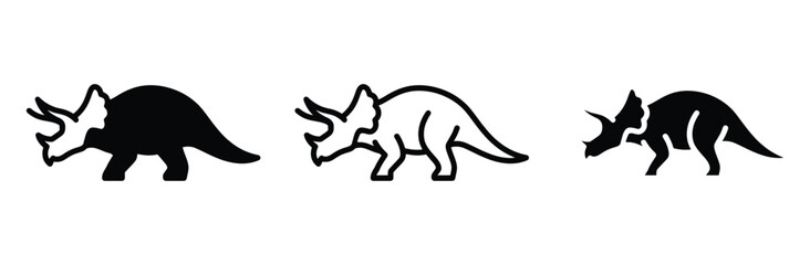 Triceratops dinosaur icon set in flat line and glyph vector illustration styles. Prehistoric horned animal symbol for kids education, toy branding, museum logos, and jurassic game graphic design. © Prime Stocks