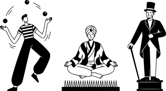 Street performance artists. Festival performing show characters, juggler, fakir and living statue. Artistic street performance vector illustration set
