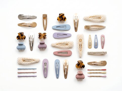 Assorted hair clips and Barrettes on white background