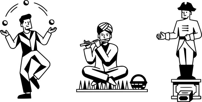Street performance artists. Festival performing show characters, juggler, fakir and living statue. Artistic street performance vector illustration set
