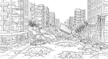 Post apocalyptic destroyed city street with ruined buildings craters and damaged cars line art vector © Mahsina