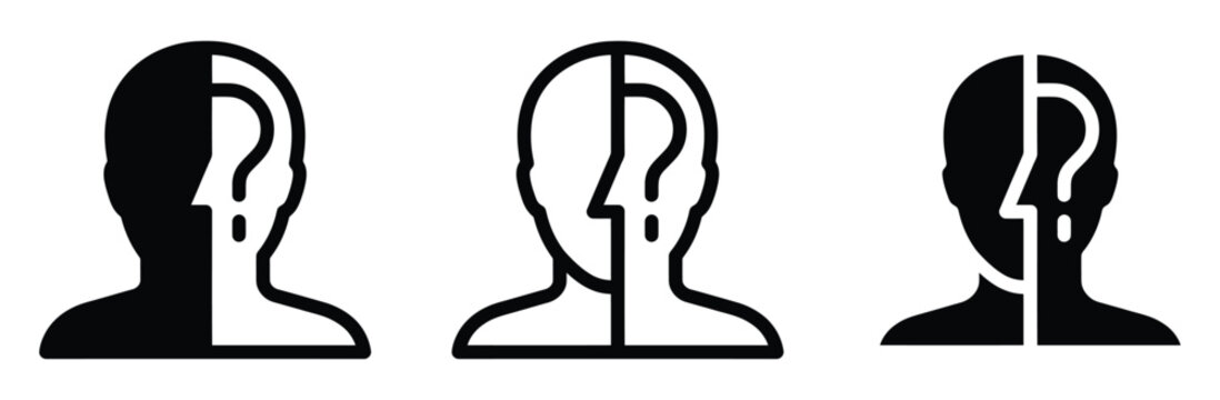 Anonymous user profile icon set with question mark vector illustration. Suspicious account, hacker avatar, unknown identity, missing contact photo, and privacy concept symbol for secure UI design.