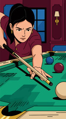 Flat Style Vector Art of Young Woman Playing Pool, Concentrated Expression, Close-Up Dynamic Shot with Cue Stick and Balls on Green Table, Dimly Lit Room Background with Wall Lamp and Window © Adeliastudio