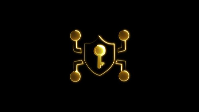 Shield containing a central golden key icon connected to four perimeter nodes forms a secure digital authentication symbol that highlights advanced data protection protocols and network security.