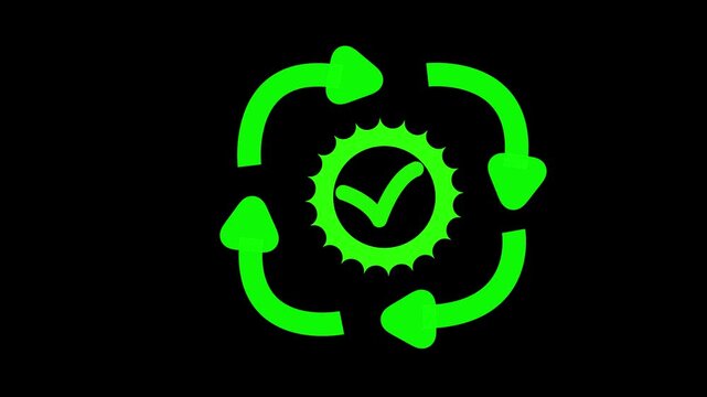 Iconography featuring a vibrant green checkmark emblem surrounded by four circular rotating arrows against a deep black background represents the continuous process of quality assurance.