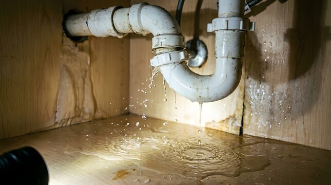 Leaky kitchen sink plumbing under cabinet with water damage