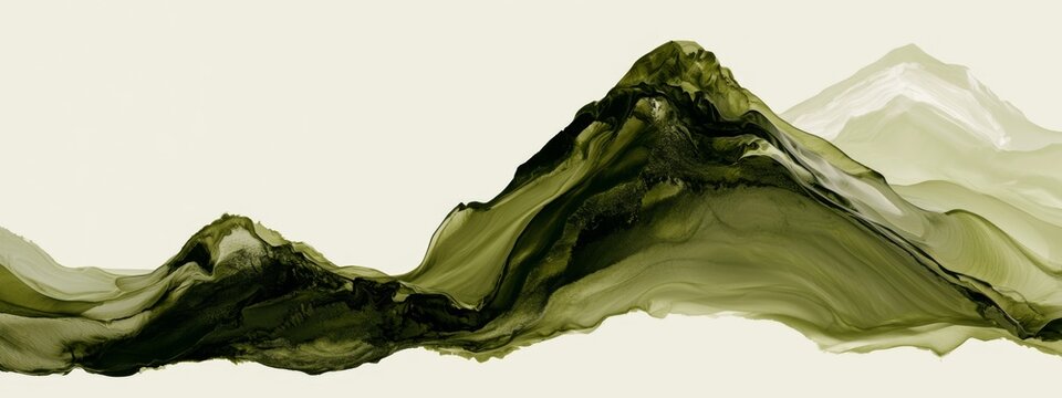 Abstract Olive Green Composition with Organic Ink Flowing Forms on Light Background