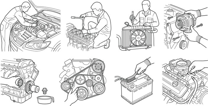 Vector line illustration set of car engine repair maintenance service and automotive mechanic icons