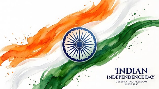 Vibrant artistic indian flag illustration featuring deep saffron white and green watercolor brush strokes with a prominent central blue wheel