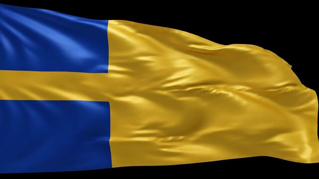 Waving Blue and Yellow Fabric Flag on Solid Black Background