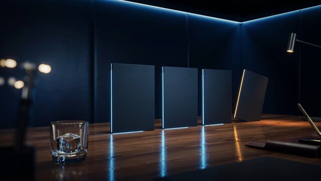 Modern external hard drive storage devices standing on wooden office desk with blue neon light for futuristic professional tech workspace