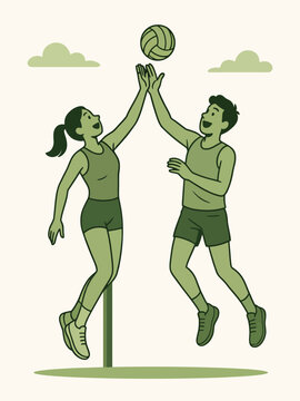 Illustration of two athletic figures jumping in synchrony to hit a volleyball, showcasing vertical leap and coordination in a green toned vector style
