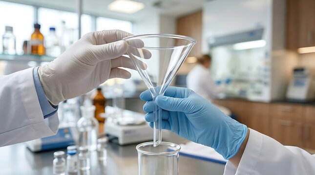 Scientist hands holding clear glass funnel above empty beaker for chemical liquid transfer process inside sterile.