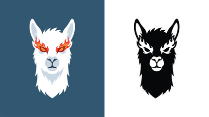 Fototapeta premium Stylized white and black llama head illustrations with fiery eyes, depicting a fierce and mystical animal spirit.
