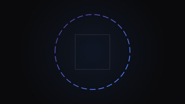 Minimalist blue dashed circle surrounding a tilted square on black background