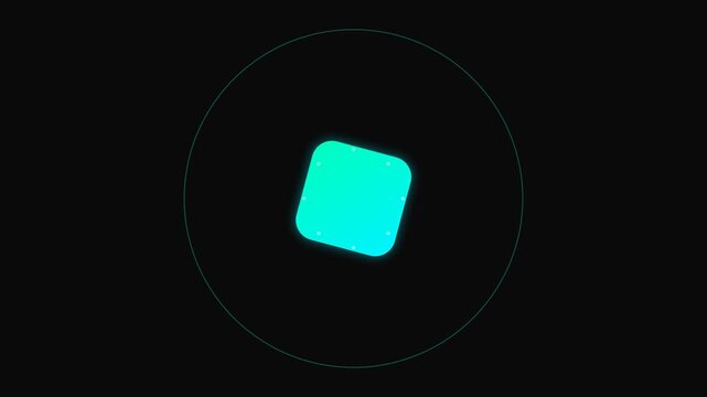 A vibrant cyan rounded square centered within a thin glowing green circle
