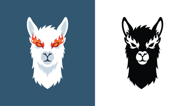 Stylized white and black llama head illustrations with fiery eyes, depicting a fierce and mystical animal spirit.