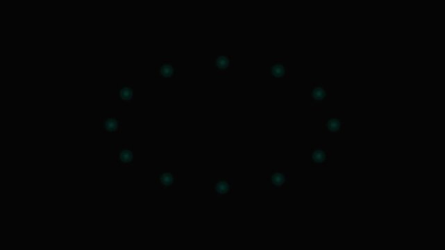 A series of glowing teal dots arranged in an elliptical orbit on black background